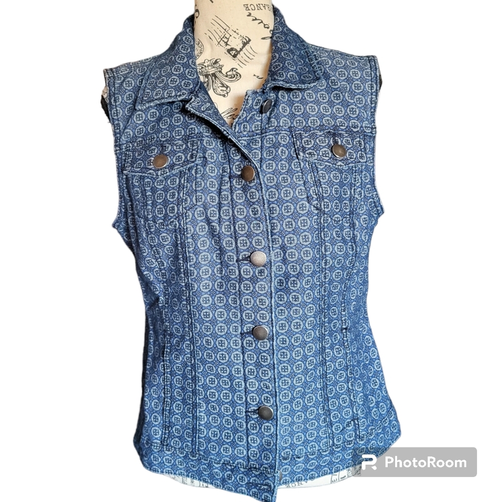 christopher banks womens blue denim jeans geometric stretch button up collared s